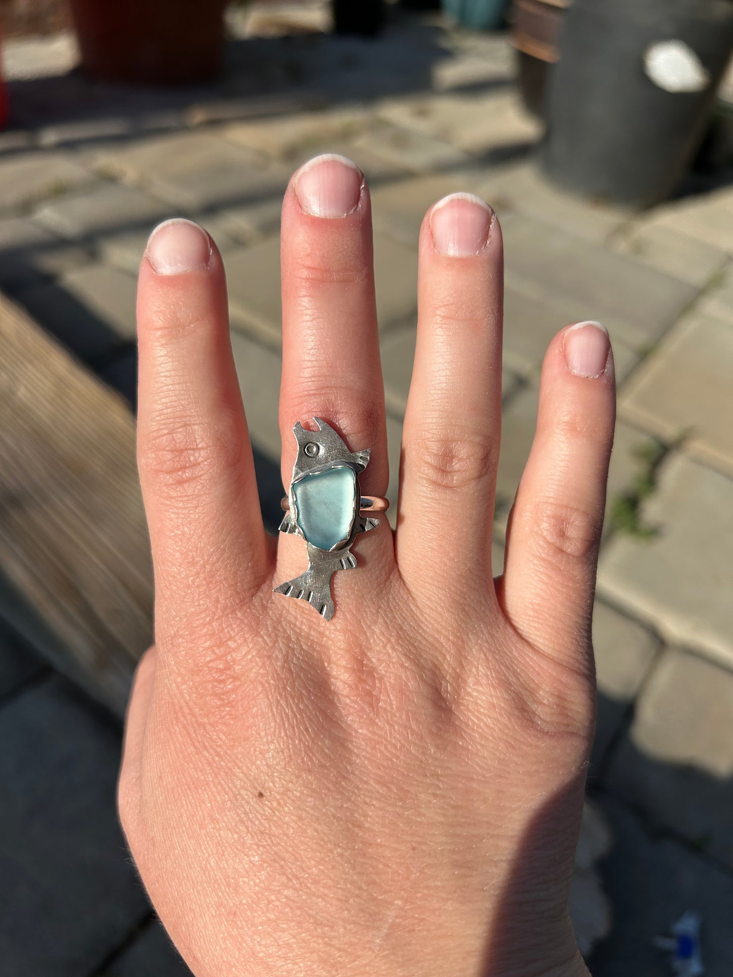 Teal Sea Glass Salmon Ring