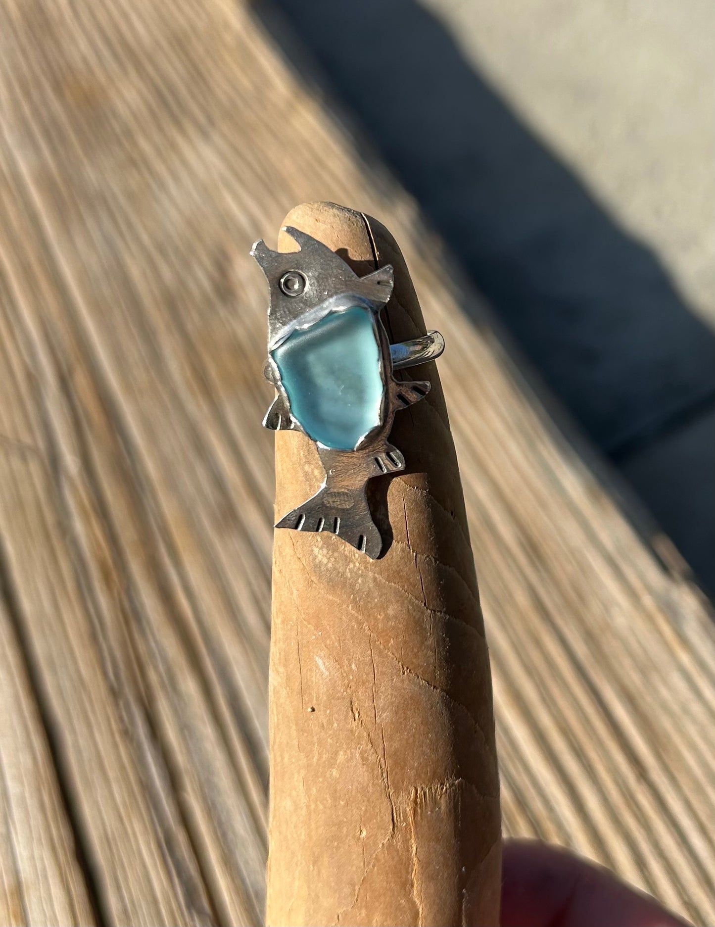 Teal Sea Glass Salmon Ring