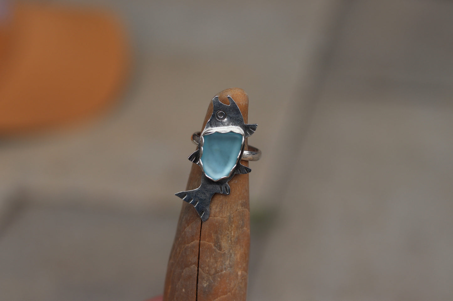 Teal Sea Glass Salmon Ring