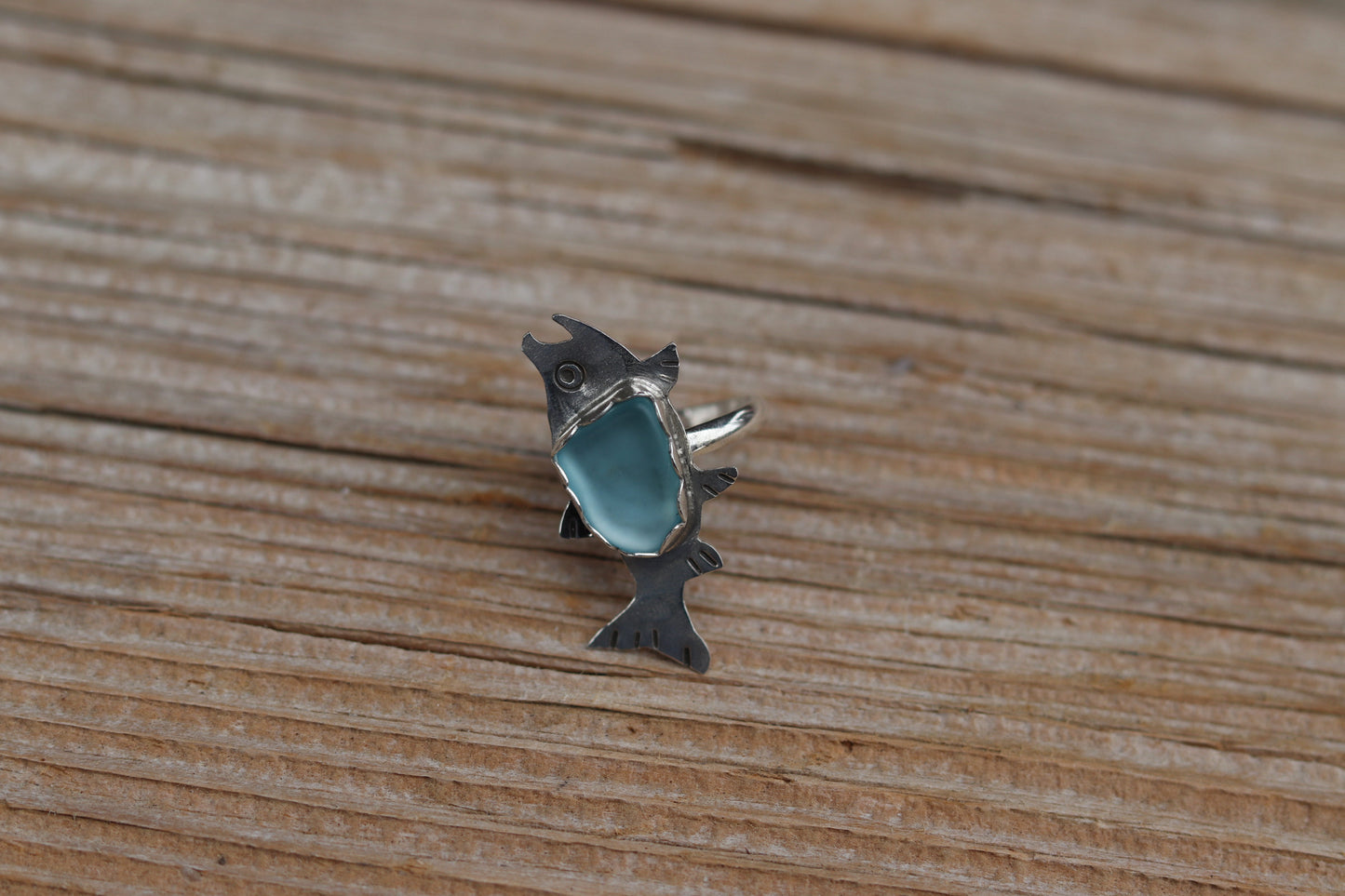 Teal Sea Glass Salmon Ring