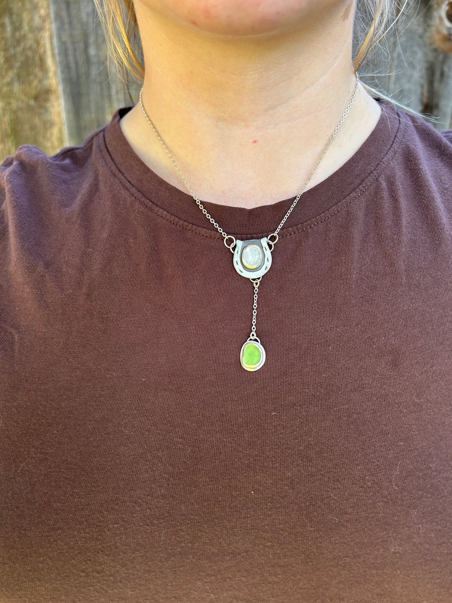 Lariat Style Moonstone Horseshoe + Sea Glass Drop Pendant