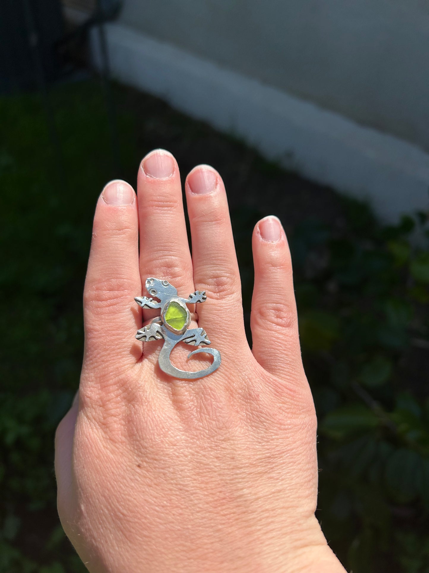 Green Sea Glass Gecko Ring