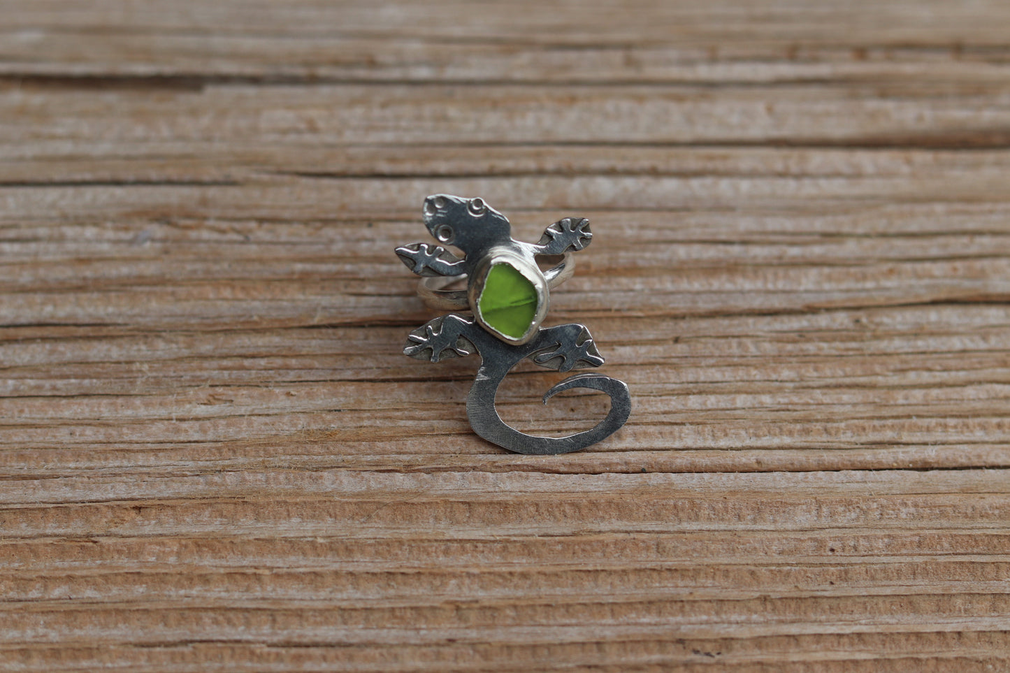 Green Sea Glass Gecko Ring