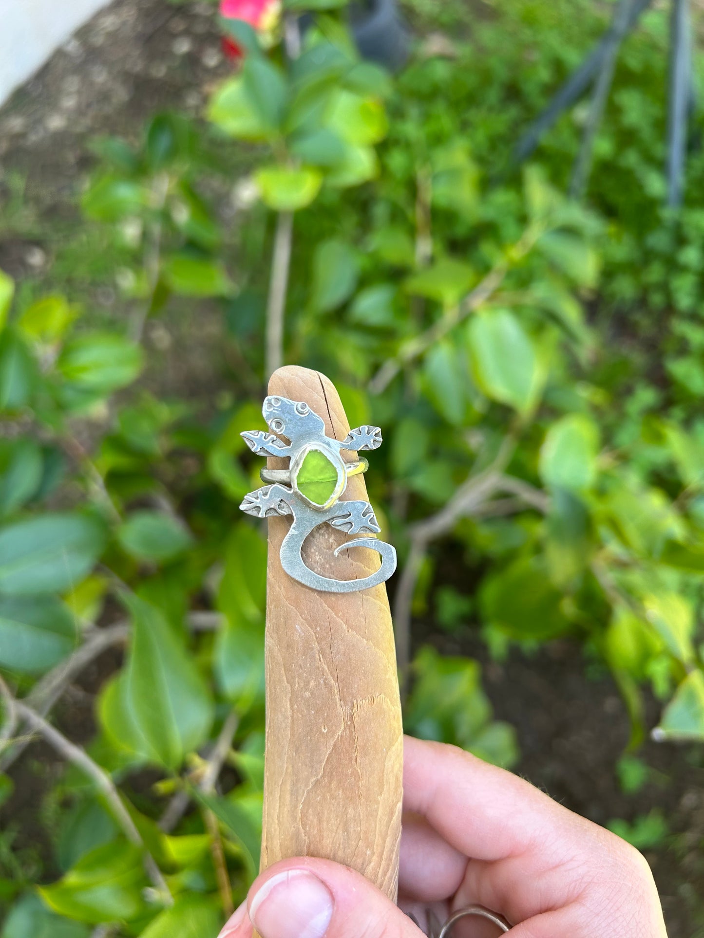 Green Sea Glass Gecko Ring