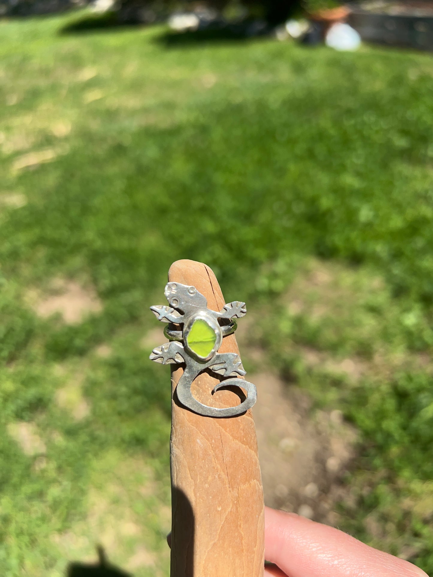 Green Sea Glass Gecko Ring