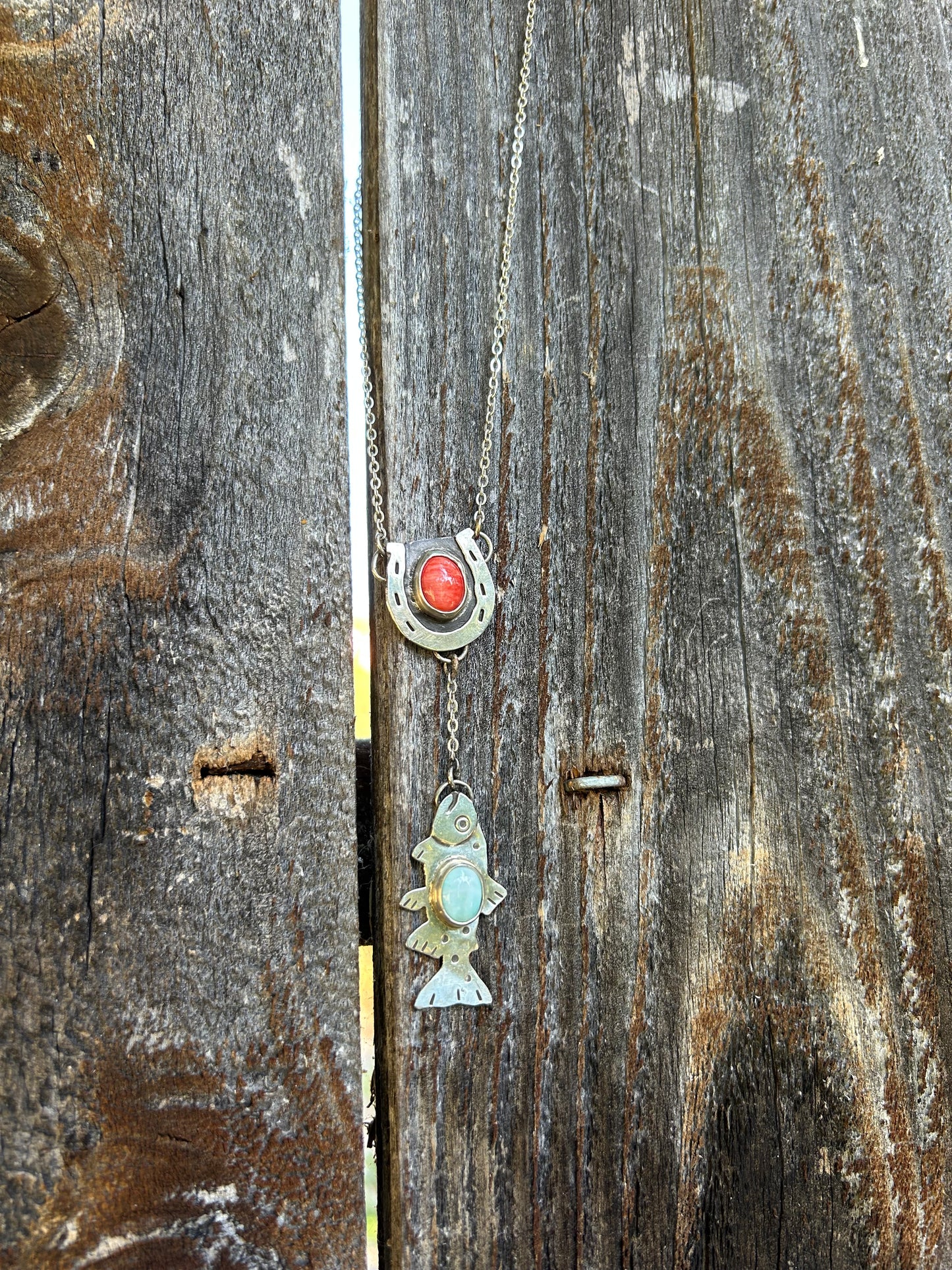 Lariat Style Spiny Oyster Horseshoe + Larimar Trout Drop Pendant