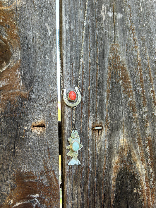 Lariat Style Spiny Oyster Horseshoe + Larimar Trout Drop Pendant