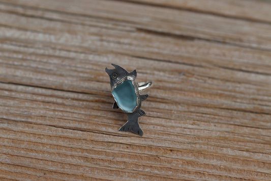 Teal Sea Glass Salmon Ring