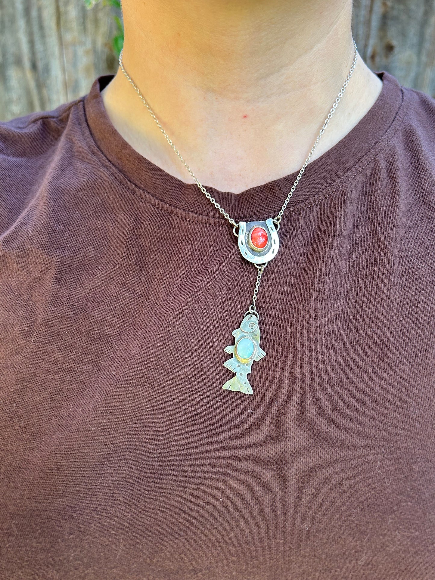 Lariat Style Spiny Oyster Horseshoe + Larimar Trout Drop Pendant