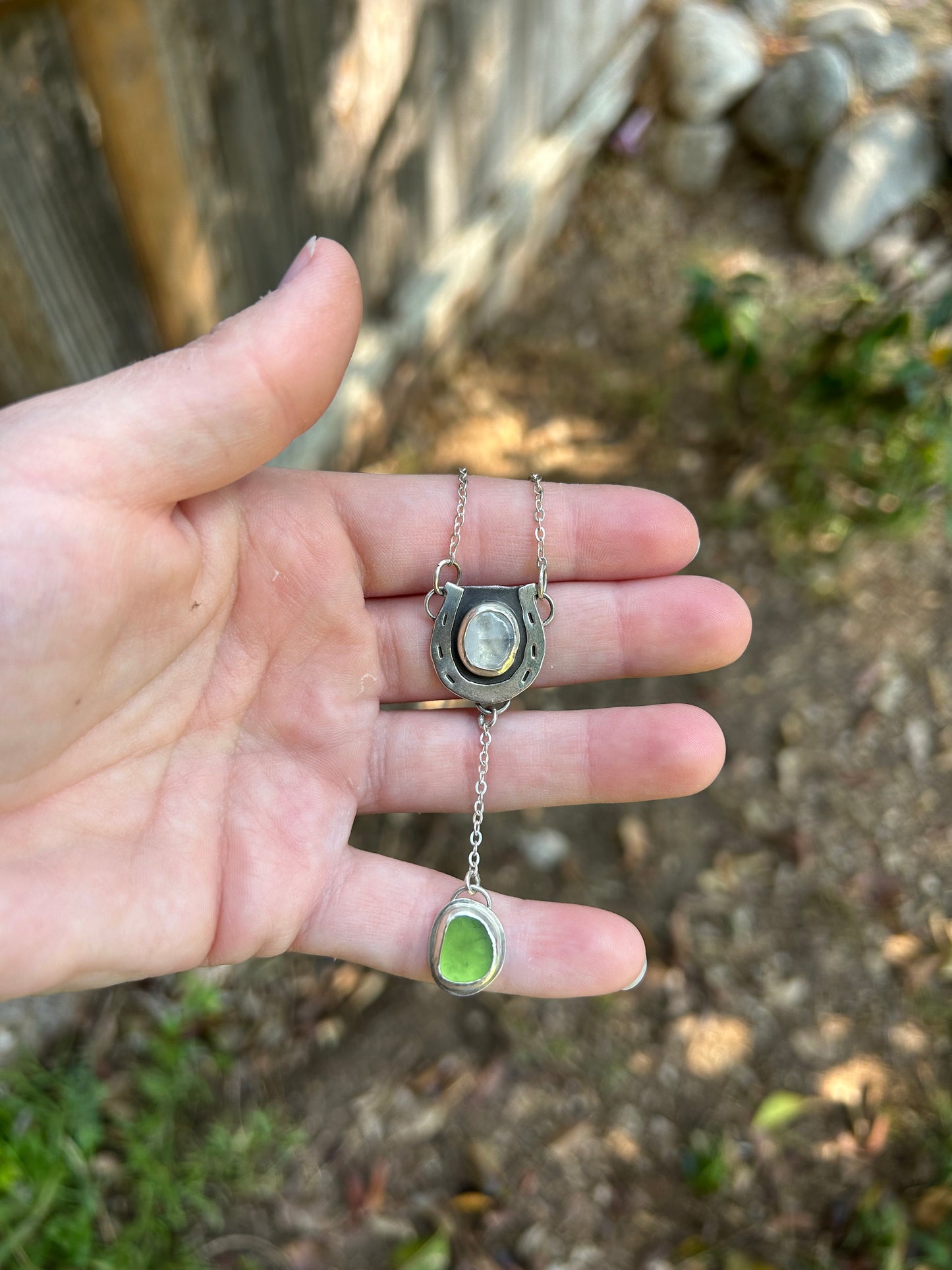 Lariat Style Moonstone Horseshoe + Sea Glass Drop Pendant