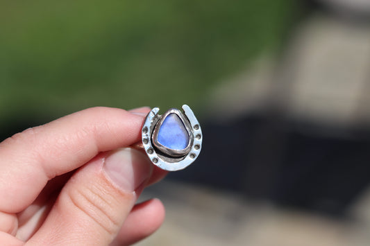 Deep Blue Sea Glass Horseshoe Ring Size 9