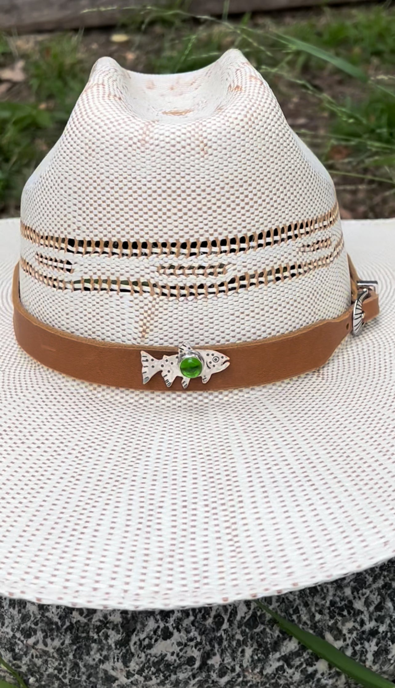 Genuine Leather Hat Band with Trout Pendant