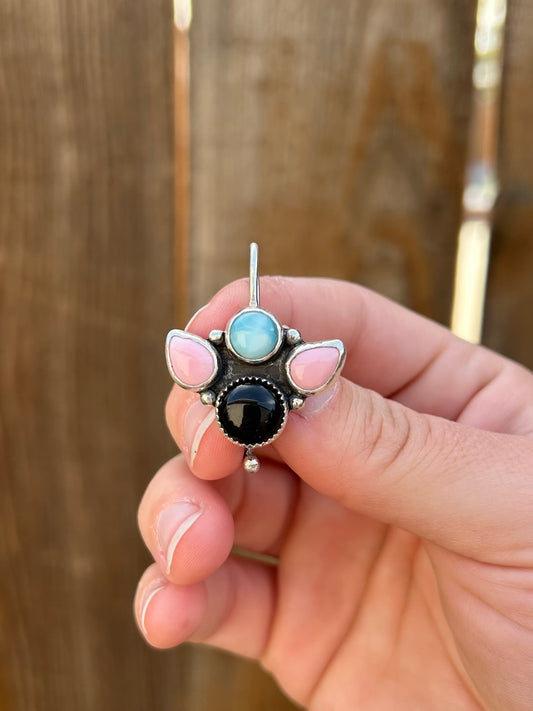 Pink Conch, Larimar, Onyx Cluster Clip